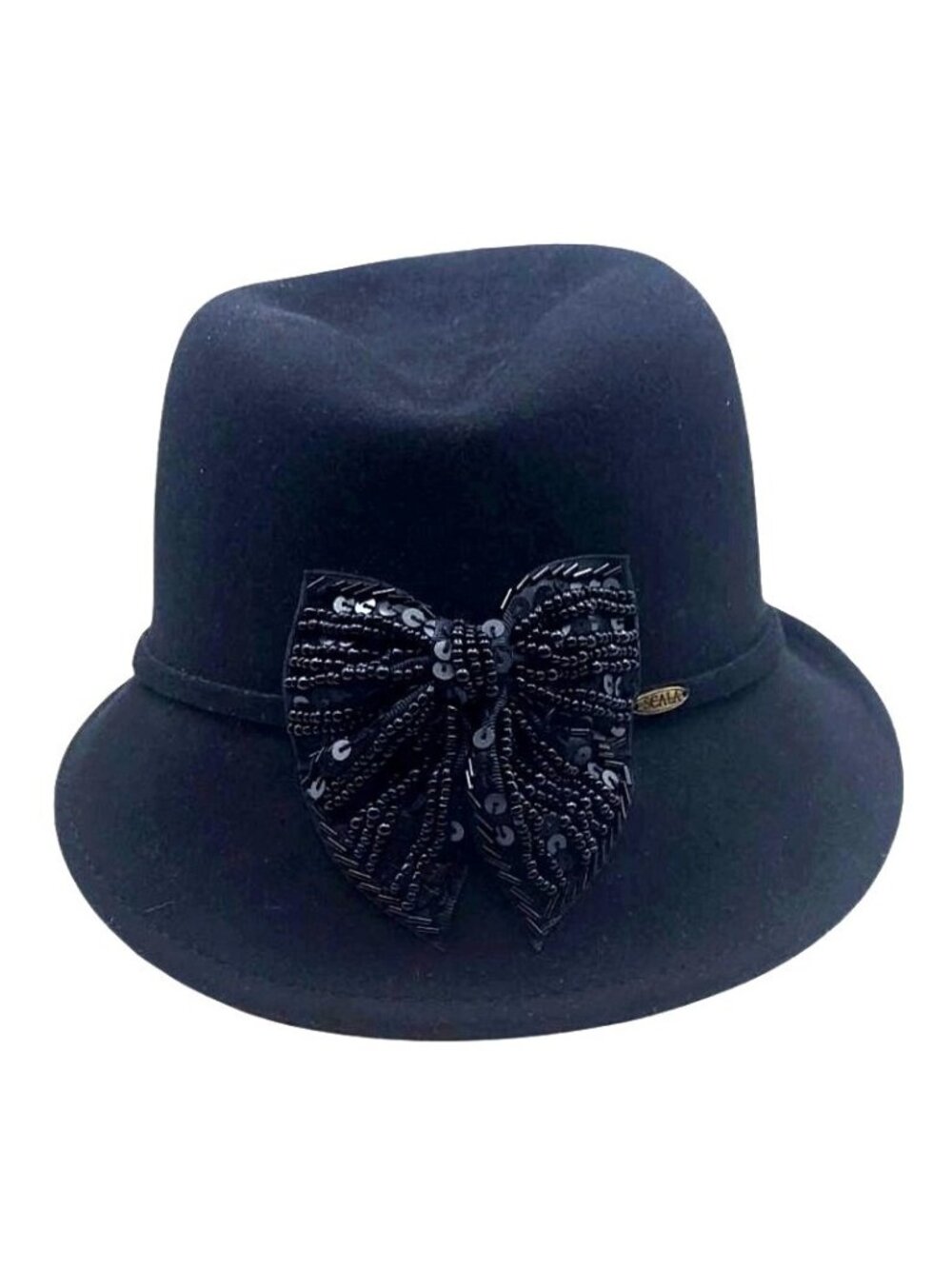 Womens Wool Cloche Fedora Hat Black Sequin Bead Embellished Bow Flapper Scala